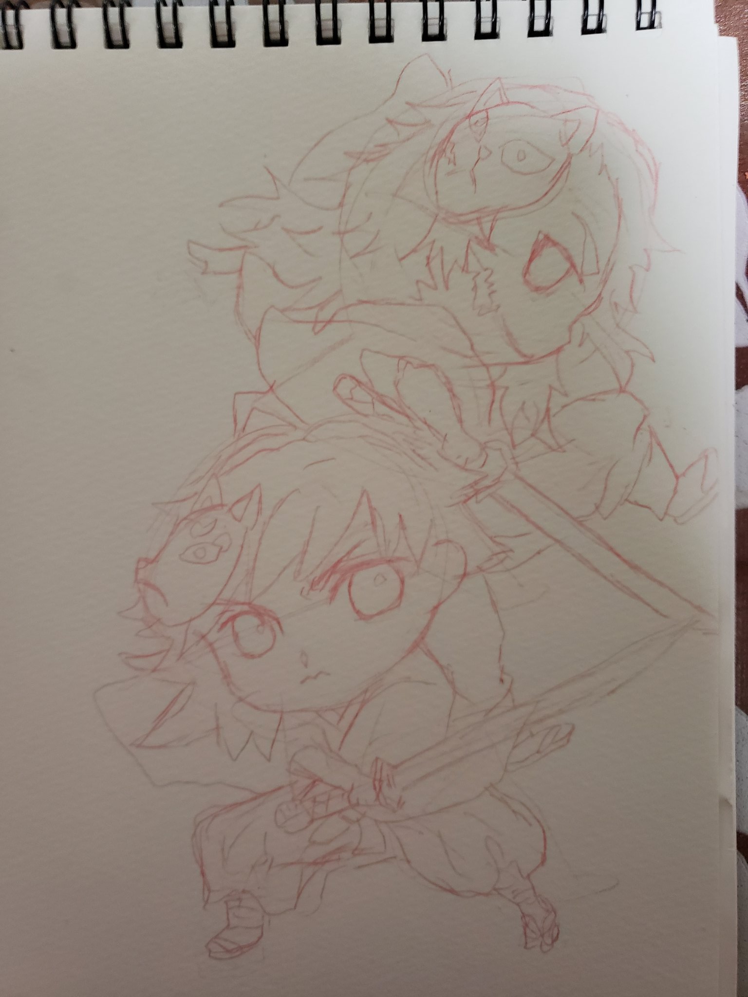 ととせんせい 絵描きさんと繫がりたい イラスト好きさんと繋がりたい 鬼滅の刃 ミニキャラ ちびキャラ 下書き デフォルメ デフォルメ絵を流してデフォルメ民を増やそう 富岡義勇 錆兎 下書き ちびキャラで描くのたのしいです W ゞ