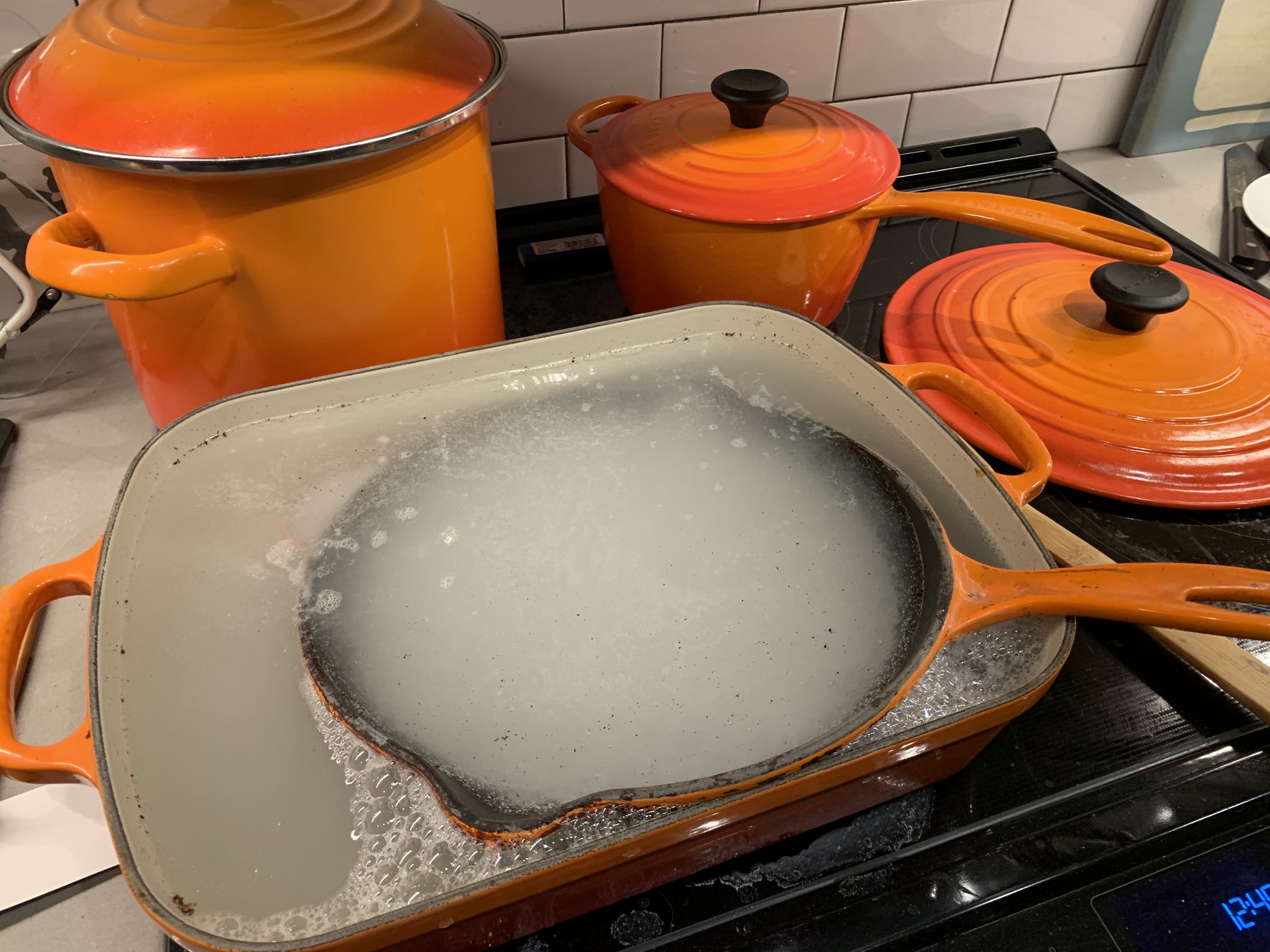 Justin Herman on X: Dear @lecreuset: I'm attempting to clean char off my  beloved cookware, but nothing is working. Current stage after two days of  attempts: boiling in hydrogen peroxide, baking soda