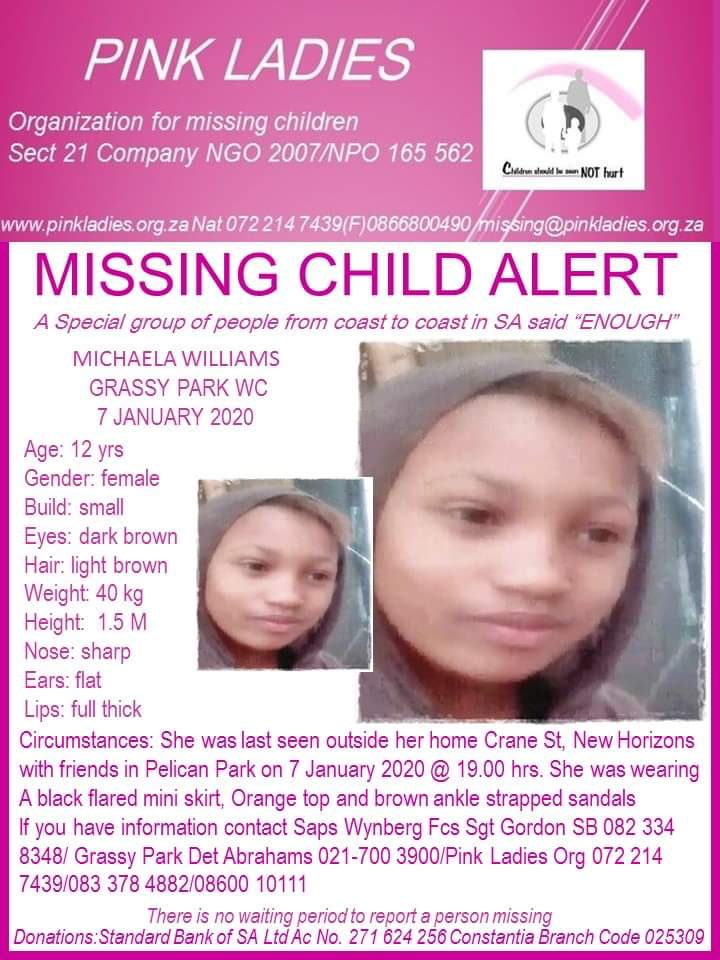 Abramjee's tweet photo. #Missing 12-year-old Michaela Williams. She was last seen at her Crane Street home in New Horizon, Grassy Park, Cape Town. @SAPoliceService https://t.co/EJOkw0jBPR