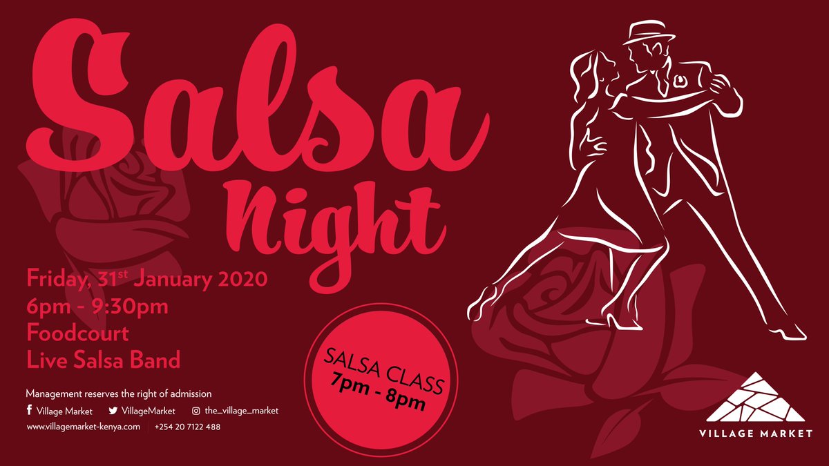 VillageMarket's tweet photo. Come join us on Friday 31st January 2020 from 6pm-9:30pm at the Village Market food court for rich music and free salsa classes in the presence of a live salsa band. ENTRY IS FREE π #vmsalsanight #salsadancing https://t.co/cRtrUpDbXR
