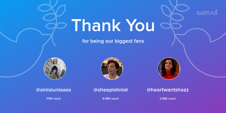 Our biggest fans this week: xmisiuniaaax, sheepishnial, heartwantshazz. Thank you! via sumall.com/thankyou?utm_s…