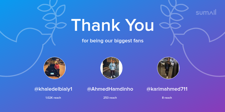 Our biggest fans this week: khaledelbialy1, AhmedHamdinho, karimahmed711. Thank you! via sumall.com/thankyou?utm_s…