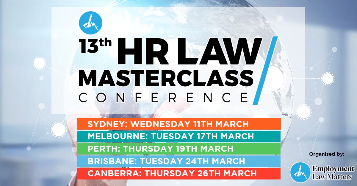 Australia's leading employment law event series is back in March 2020, bringing experienced lawyers from top tier law firms to share up to the minute insight on key HR issues.

Book now for early bird rates bit.ly/341ftWe

#EmploymentLawMatters #HRLMAU