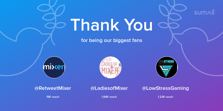 Our biggest fans this week: RetweetMixer, LadiesofMixer, LowStressGaming. Thank you! via sumall.com/thankyou?utm_s…