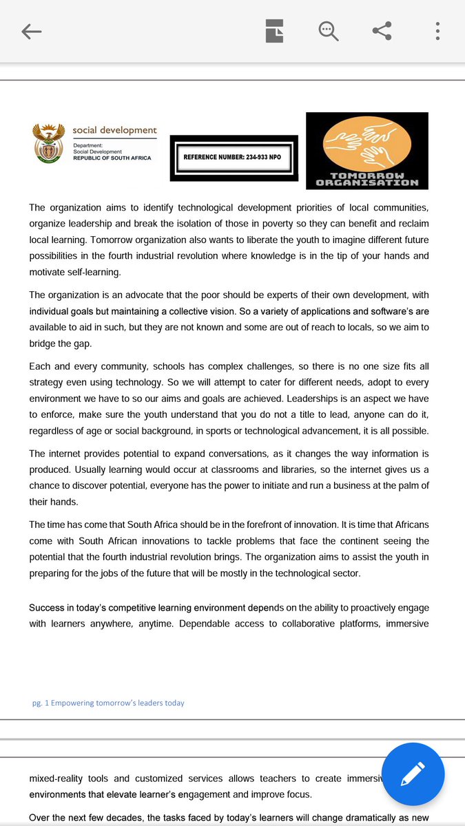 TomorrowOrgani1's tweet photo. With proper funding, Tomorrow aims to assist in enrollment in schools, tertiary and all the technological advancements we have at schools and our communities.
@DBE_SA @mzwandileMasina @The_DSD https://t.co/Seg3LzjkQ0