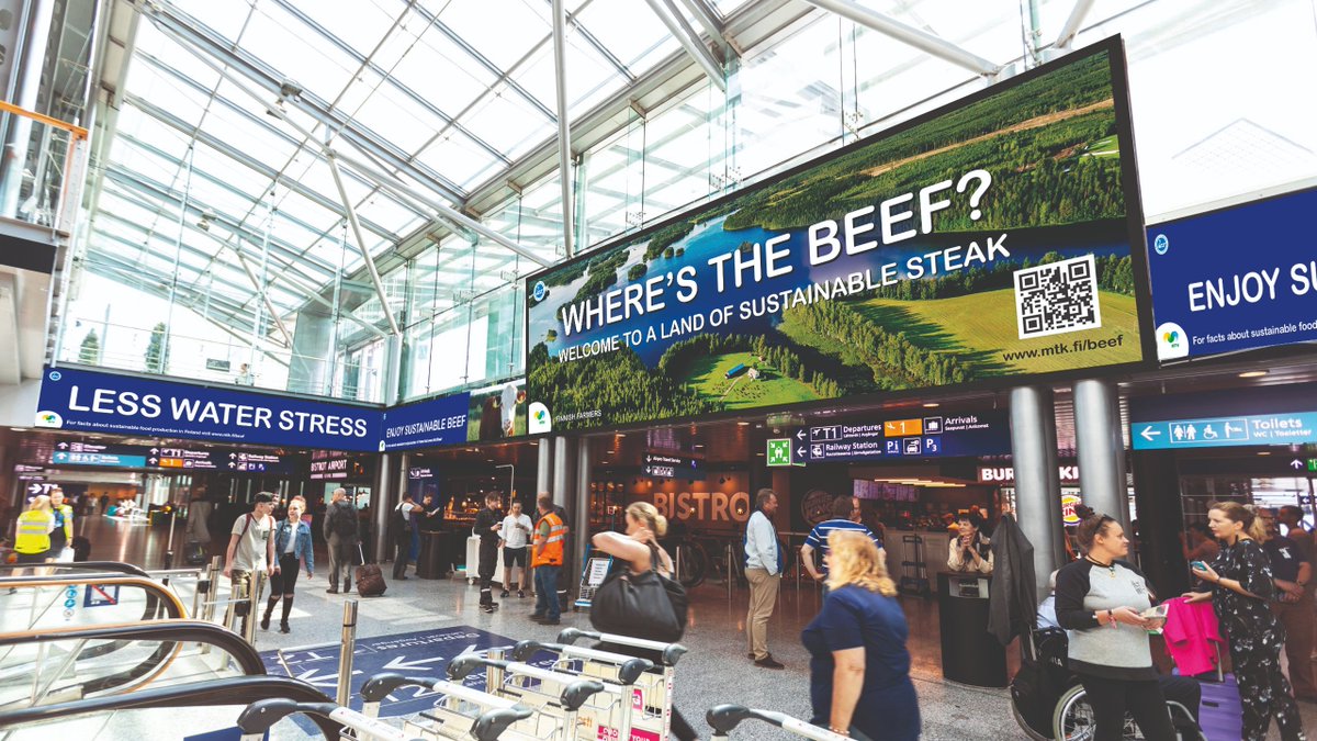 MTK markkinoi suomalaista naudanlihaa Helsinki-Vantaan lentoasemalla. Englanninkielinen kampanja nostaa esille suomalaisen tuotannon edut kestävän kehityksen ja erityisesti vesistressin näkökulmasta. Mainonta kestää ½ vuotta. #missäonpihvi #wheresthebeef mtk.fi/-/pihvi-1