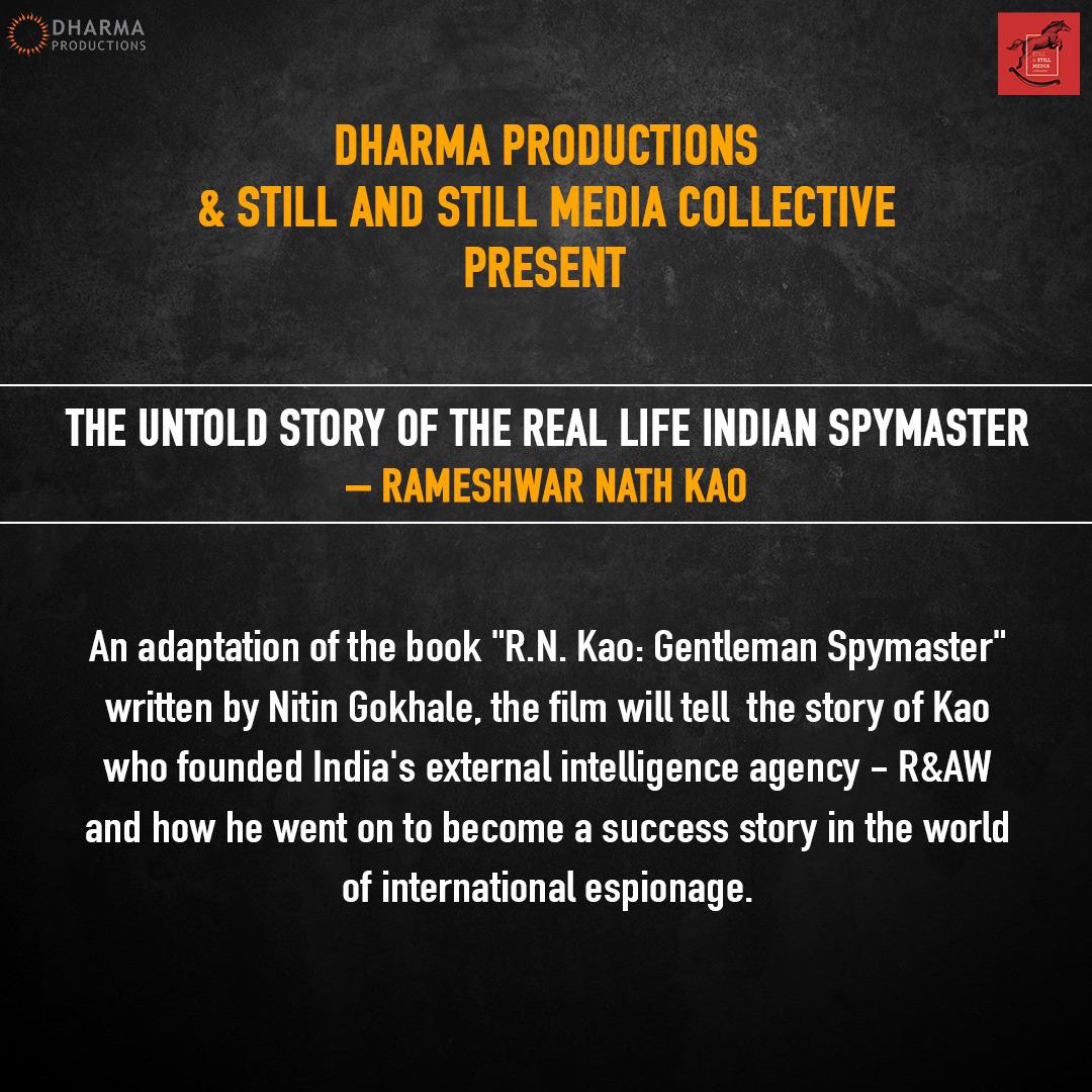 apoorvamehta18's tweet photo. Turning pages into frames, one thrill at a time.
Bringing to you an adaptation of Nitin Gokhale’s book - “R.N.Kao: Gentleman Spymaster” to the silver screen. More information coming soon!

@karanjohar #AmritpalBindra @anandntiwari @DharmaMovies #StillAndStillMediaCollective https://t.co/OyQA2YI8ol