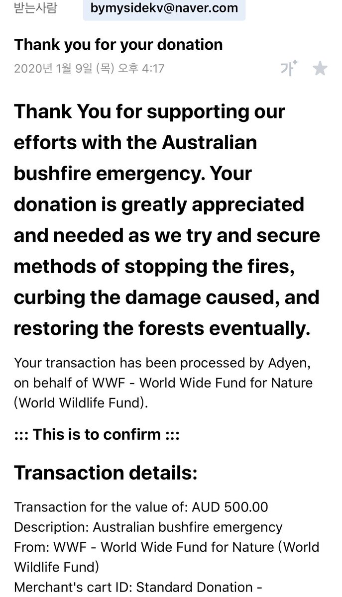 BMS with name of Jungkook and V has donated to WWF(World Wide Fund)for Nature Australia Bushfire Emergency, total 1000AUD.