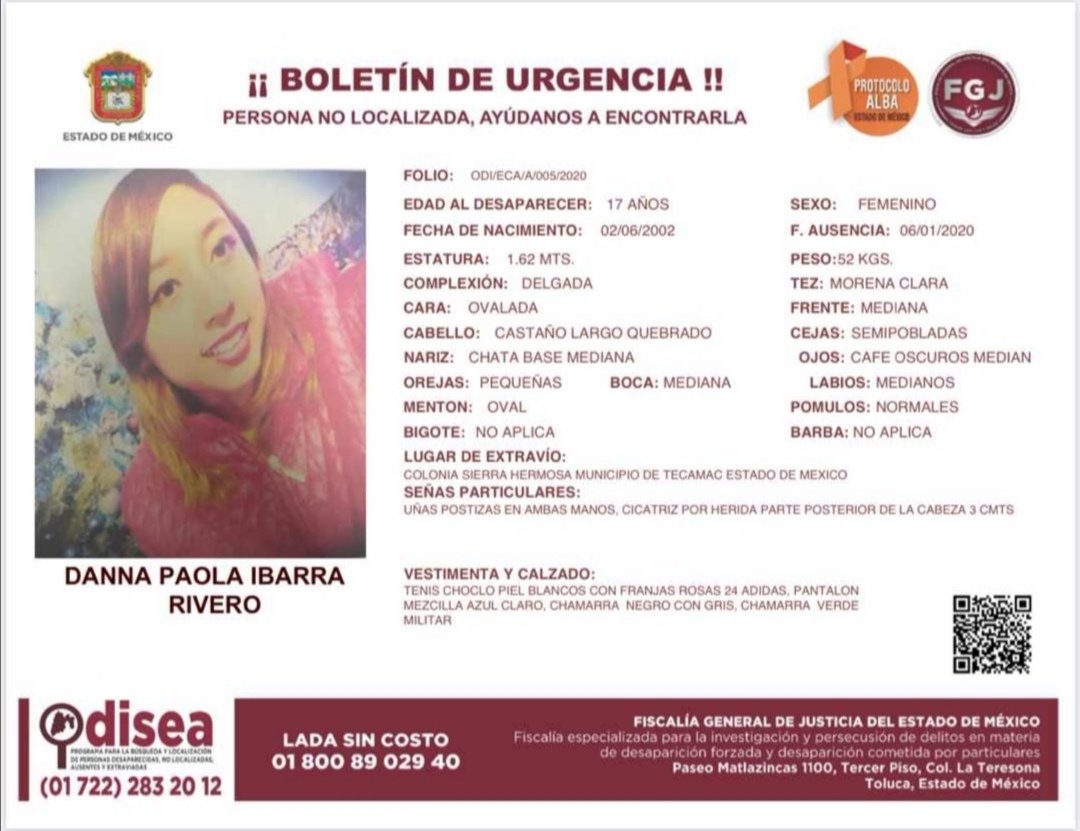 Ishjp's tweet photo. @botDesaparecidx  nos ayudas con un RT Se solicita su difusión para localizar a Danna Paola Ibarra Rivero de 17 años, desapareció el 6 de enero del 2020, cualquier información al correo dannaregresa@gmail.com ¡Ayúdanos a encontrarla! #DannaRegresa https://t.co/dNiZR4aXro