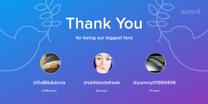 Our biggest fans this week: DaBlkAdonis, skittlezdafreak, yummy01950406. Thank you! via https://t.co/uVkIgYdaax