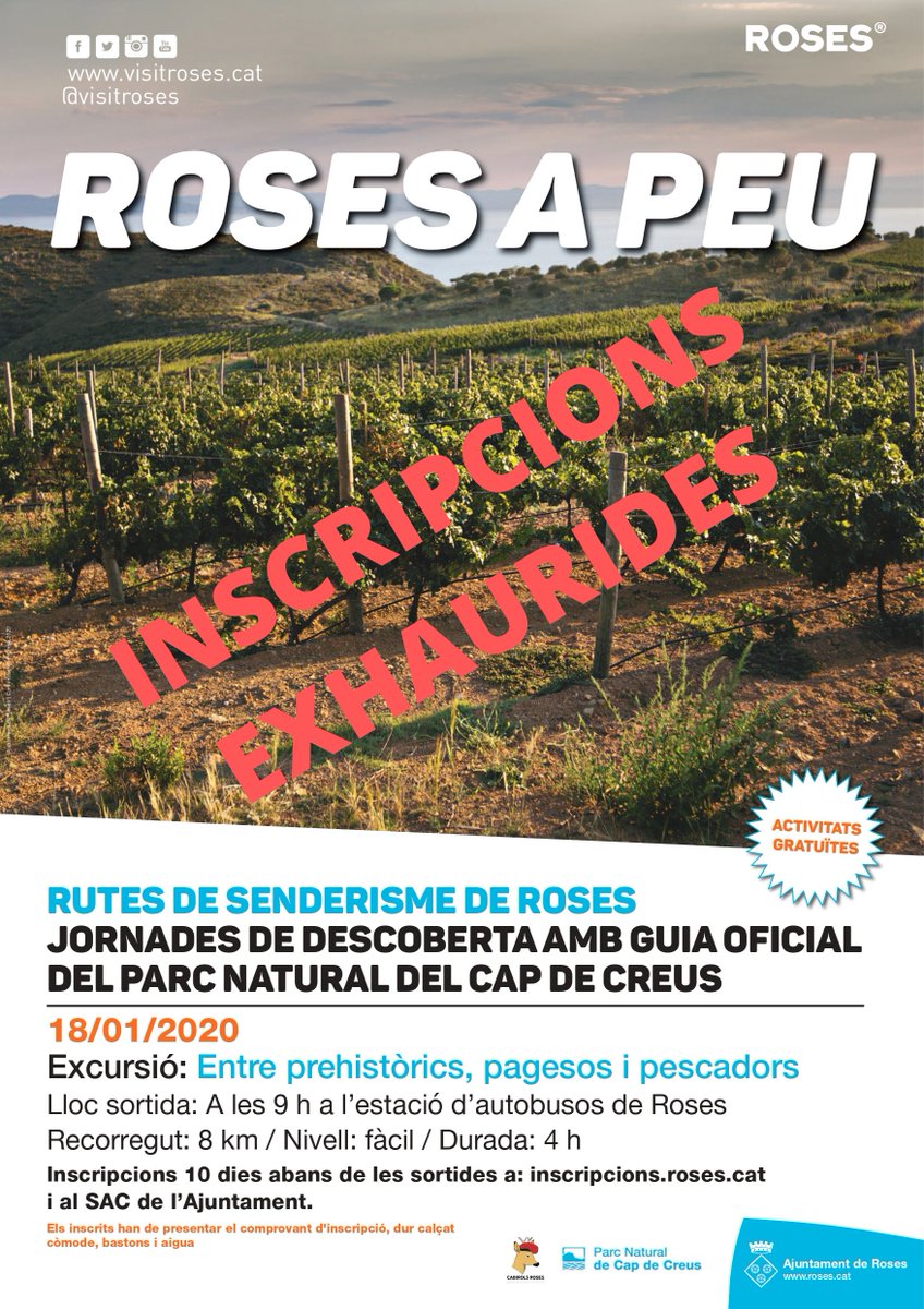 VisitRoses's tweet photo. 📣 Bon dia! Us comuniquem que les inscripcions per a la 4ª sortida de la 2ª edició de Roses a Peu s’han EXHAURIT en MENYS de 24h! 😱😱😱

Moltes gràcies a tots! 🤗 https://t.co/uGcx0AuKDA