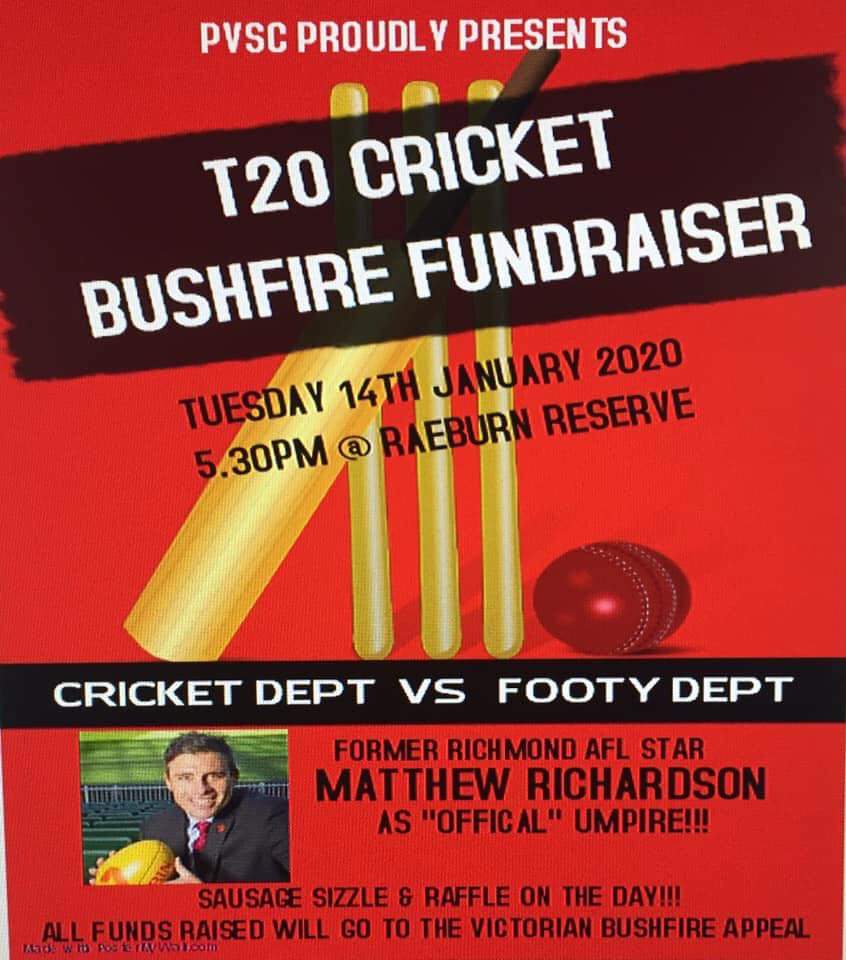 It is really important that we continue to promote and support bushfire relief fundraisers. Money raised going to Victorian Bushfire Appeal. Get down to Raeburn Reserve, Pascoe Vale this Tuesday #bushfireappeal #powerofsport #sportsCLUBLINK #cricket