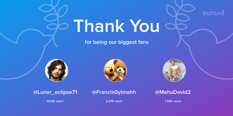 Our biggest fans this week: Lunar_eclipse71, FrancisGyimahh, MahuDavid2. Thank you! via sumall.com/thankyou?utm_s…