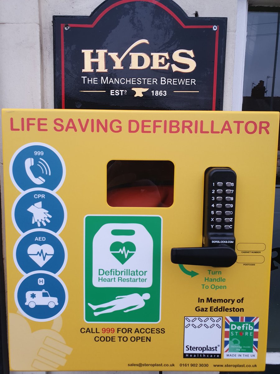 Myself and the family of Gaz Eddleston would like to thank each and every one of you that donated towards the new defibrillator that is now located on the front of the pub. <a href="/HydesBrewery/">Hydes Brewery</a> <a href="/NWAmbulance/">North West Ambulance Service</a> <a href="/SSMCAMRA/">Stockport and South Manchester CAMRA</a> <a href="/StockportMBC/">Stockport Council</a> <a href="/GMPStockport/">Stockport Police (GMP)</a>