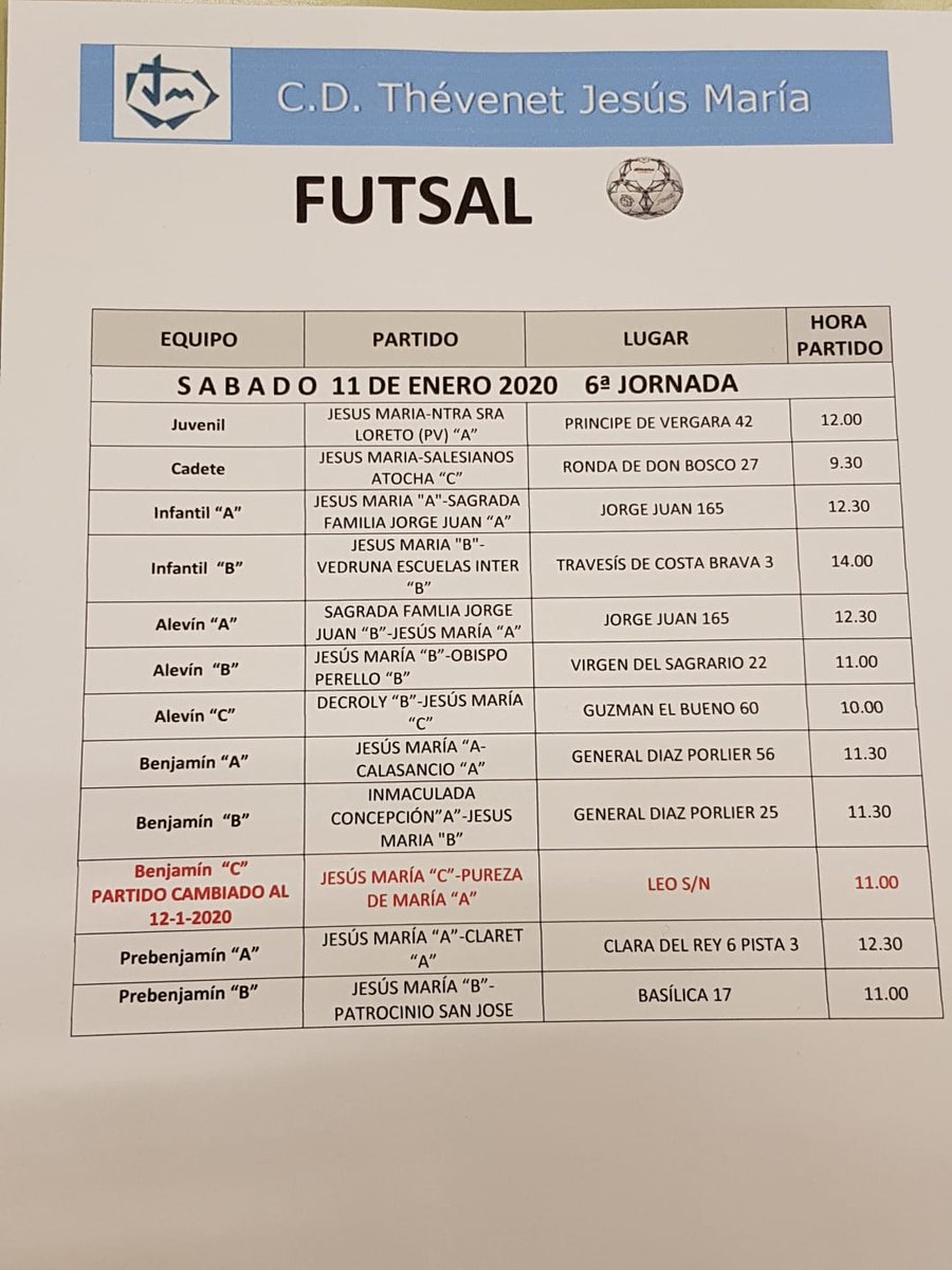 cdjesusmaria's tweet photo. FUTSAL @cdjesusmaria en @DeportesECM. Ya está aquí la 1a jornada del Año 2020. No te pierdas los lugares, horas de juego... Vamos a disfrutar y a darlo todo POR el colegio y JUNTO a los compañeros. Qué ganas!! #GoChusma https://t.co/0FMmh0FfQj