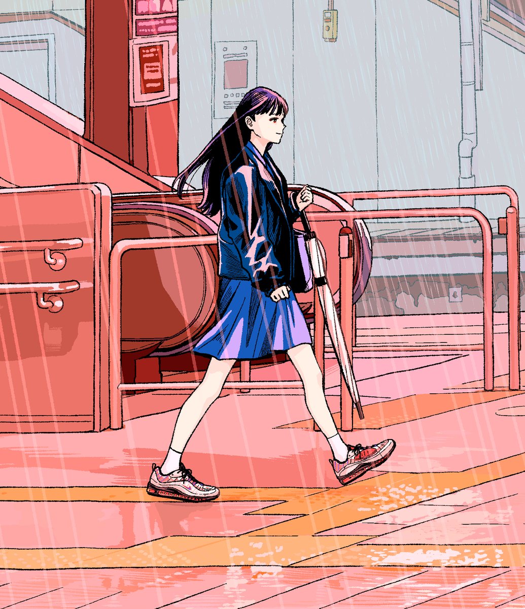 1girl solo wide shot skirt black hair walking shoes  illustration images