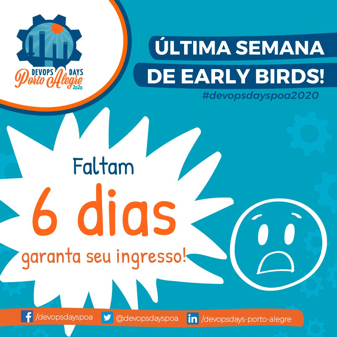 poadevopsday's tweet photo. A contagem regressiva não para, e a fase de earlybirds do #devopsdayspoa 2020 vai acabar daqui 6 dias, aquele descontão não vai ter mais, porque deixar para depois então, acessa https://t.co/vyXDDvJAe8 #culturadevops #devopsdayseuvou #devops #devopsbr https://t.co/R1RMY3hUwf