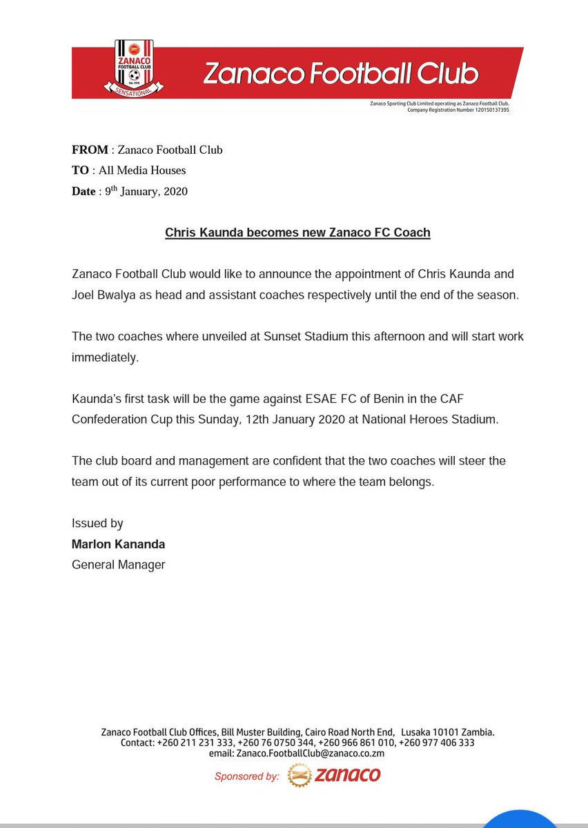 ZambiaSoccernet's tweet photo. Former @Nkwazifc coach Chris Kaunda has been appointed head coach of @Zanacofc until the end of the season.
He will be assisted by Joel Bwalya. The duo worked together as head coach and assistant at the Zambia U17 men's national football team.
#ZSNLive https://t.co/l6ywR4Iw77