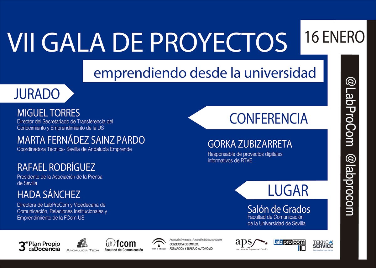 cadesevilla's tweet photo. .@LabProCom de la @unisevilla celebra la VII Gala de Proyectos 2.0 en Acción.
🏢 #FComUS @Gabifcom
🗓️ 1⃣6⃣ de Enero
Conferencia a cargo de Gorka Zubizarreta de @rtve.
Colabora: @aprensasevilla @aemprende @RTVEAndalucia
@rtve
No te lo pierdas‼️ https://t.co/043yi7OGHE