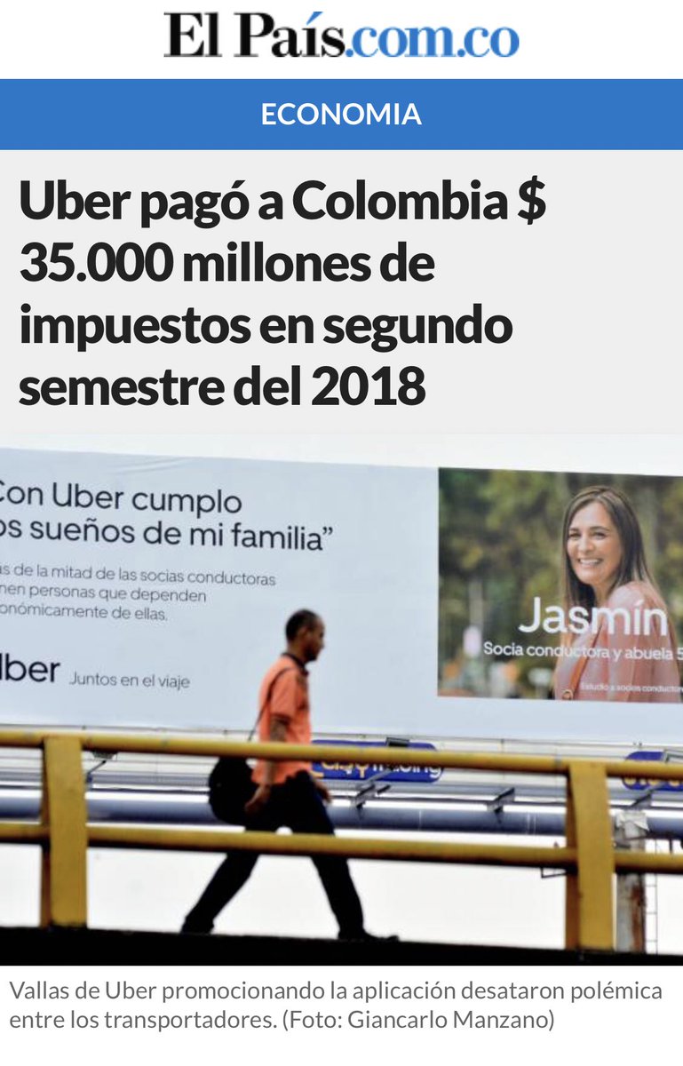 MeDicenWally's tweet photo. Uber pagó a Colombia $ 35.000 millones de impuestos solo en el segundo semestre del 2018. Era legal para cobrarles eso, pero ilegal por política cuando los taxistas decidieron no unirse al Paro. Ahora Uber demandará a Colombia y taxistas entrarán en Paro (los apoyaremos mucho 🙄) https://t.co/nI7kjJmIQC