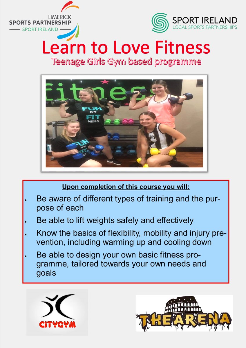 Limericksports's tweet photo. The first ever "Learn to Love Fitness" Teenage Girls Gym based programme will start THIS FEBRUARY in Limerick City and The Arena Gym, Newcastle West. Have a look here for more information: https://t.co/5sQQTZj8xu
#womeninsport #girlsinsport #beactive #gettinglimerickactive https://t.co/AQzbdLXY2m