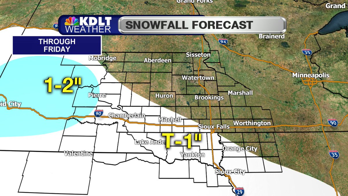 We'll see the chance of a little light snow to form and spread southeast overnight into Friday morning. Most of us will see less than an inch but we could see close to an inch in Pierre. #sdwx #mnwx #iawx #newx