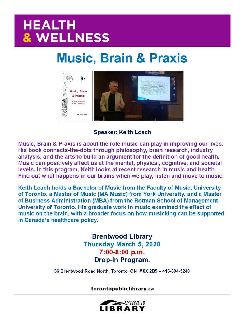 Music, Brain &amp; Praxis. Two new library seminars:
Runnymede Library (Wed Feb 19 at 2pm)
Brentwood Library (Thurs March 5 at 7pm)
Connect-the-dots through philosophy, brain research, industry analysis, and the arts. bitstudio.ca