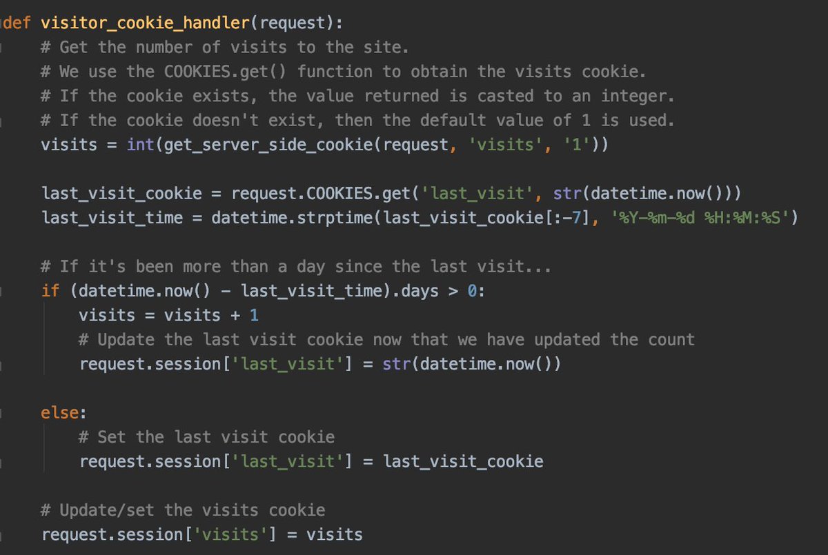 JamileKollar's tweet image. Day 46. Cookies and Sessions in #Django . Finished chapter 10 of #tangowithdjango #100DaysOfCode