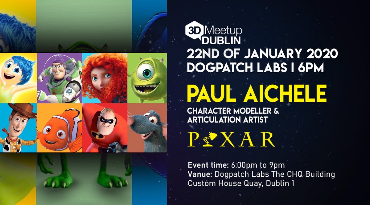 3dmeetupdublin's tweet photo. Our next event will be at Dogpatch Labs, Wednesday the 22nd of January, from 6:00pm until 9pm. 

We’re pleased to announce that we have a very special speaker for this event: Paul Aichele who spent more than two decades at Pixar Animation Studios! 

https://t.co/kE8bWDLGMt https://t.co/Lgk3kxpeEL