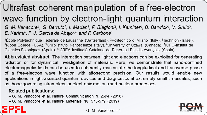 GMVanacore's tweet photo. Electron-light #quantum interference enables ultrafast coherent manipulation of free-electron wave functions @EPFL_en @ICFOnians @uOttawa @fisipolimi @TechnionLive @StampaCnr @riponcollege @PhotonicsMeetup #POM20 https://t.co/a5E70EL3j8