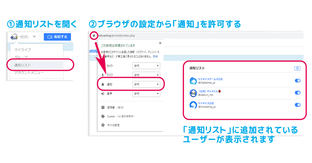 ツイキャス公式 お知らせ Pcブラウザ対象の ブラウザ通知 機能を追加しました ブラウザ通知の設定をすることで 配信開始通知を受け取ることができます 対応ブラウザや設定方法はこちら T Co Zm03dquy6b