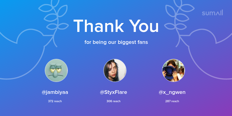 Our biggest fans this week: jambiyaa, StyxFlare, x_ngwen. Thank you! via sumall.com/thankyou?utm_s…