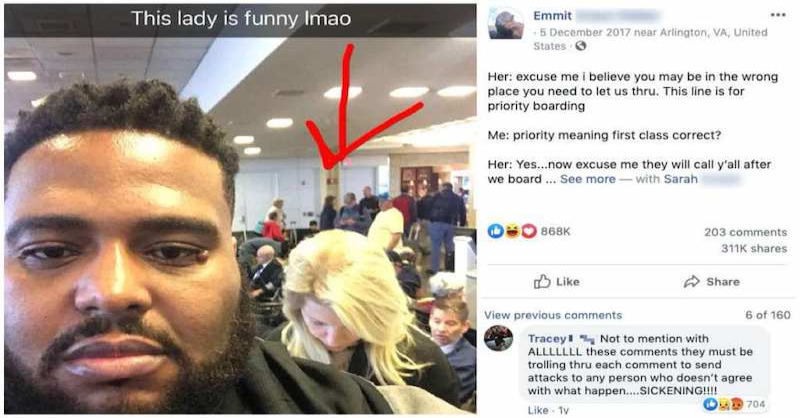 Drive_pedia's tweet photo. Woman harrases man thinking he shouldn’t be in the first class line so he gets back at her hilariously 😂