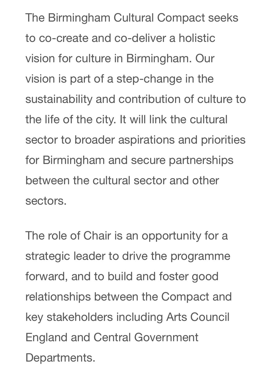 CultureCentral's tweet photo. Opportunity for a strategic leader: Cultural Compact Chair
We are working with @BhamCityCouncil to establish a #CulturalCompact to co-create and co-deliver a holistic vision for culture in Birmingham, and we now seek a Chair for this group.
https://t.co/fMU1GhqG2n https://t.co/Um30wEPRqQ