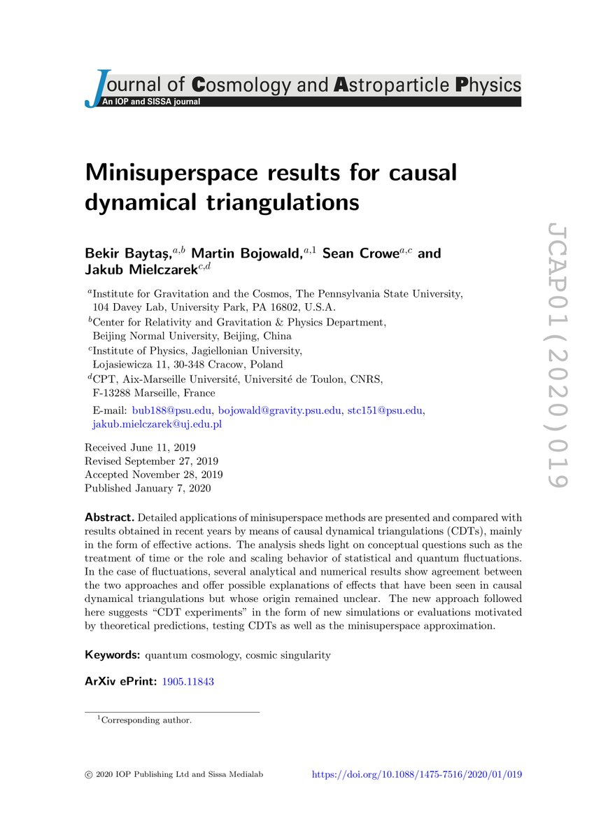 QuantCosm's tweet image. New paper published with our collaborators from @penn_state university. #QuantumGravity #PathIntegrals #CausalDynamicalTriangulations #QuantumCosmology  iopscience.iop.org/article/10.108…