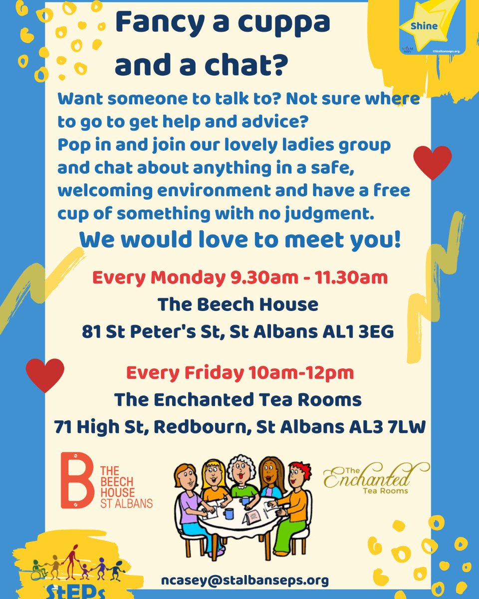 Fancy a coffee? Tea more your thing? Or are you a hot choc fan like me? Discuss these pressing issues and more... #stalbans #girlpower <a href="/radioverulam/">radioverulam</a>  <a href="/BeechHouseSTA/">Beech House STA</a>  The Enchanted Tea Rooms <a href="/Stalbansdistfb/">St Albans & District Foodbank</a>  <a href="/StAlbansCouncil/">St Albans Council</a>  @sam_stalbans