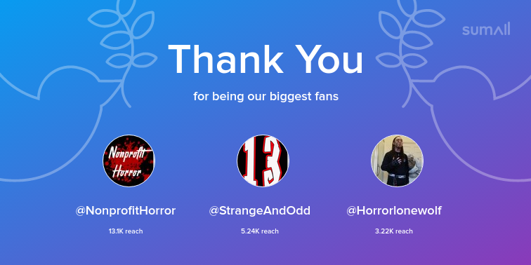 UniCorpseYT's tweet photo. Our biggest fans this week: NonprofitHorror, StrangeAndOdd, Horrorlonewolf. Thank you! via https://t.co/xvlTfu4OuQ https://t.co/MHQDcZS6Rh