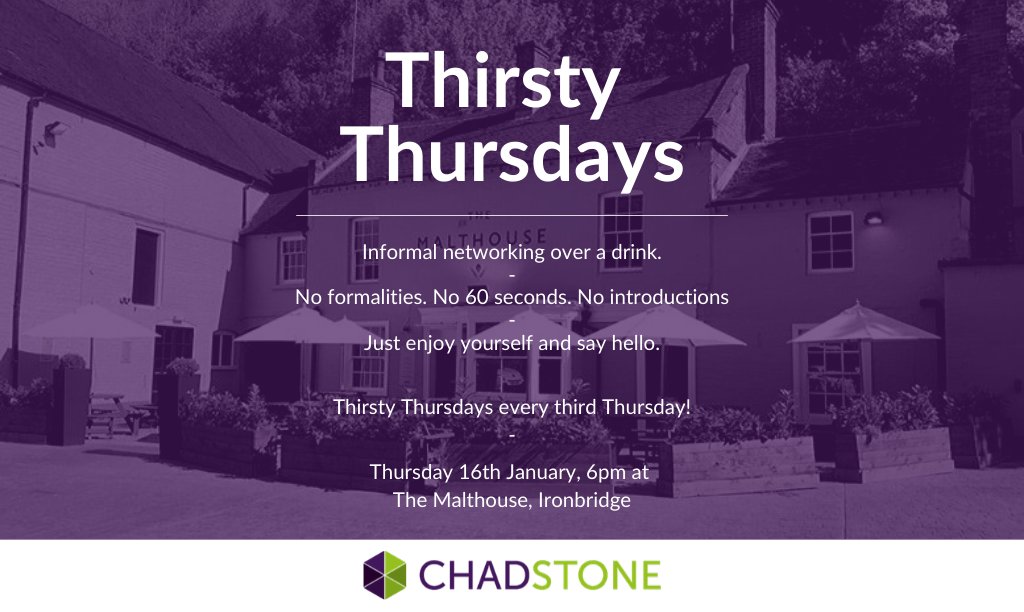 ChadStoneGroup's tweet photo. Join us for our first Thirsty Thursdays evening of 2020! π
On Thursday 16th January, from 6pm, come along to The Malthouse, Ironbridge, grab a drink and say hello! π
#ChadStone #Accountancy #InformalNetworking https://t.co/PaRUDEPl1V