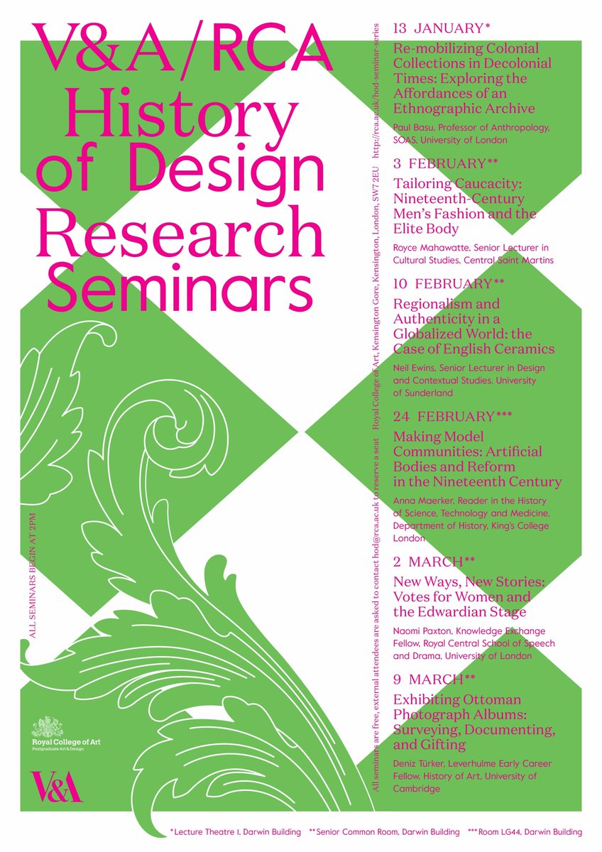 Incredibly excited for the beginning of our <a href="/V_and_A/">V&A</a>/<a href="/RCA/">Royal College of Art</a> History of Design Research Seminar series on Monday at 2pm. Seminars are free and open to the public - please see poster below for booking instructions!
