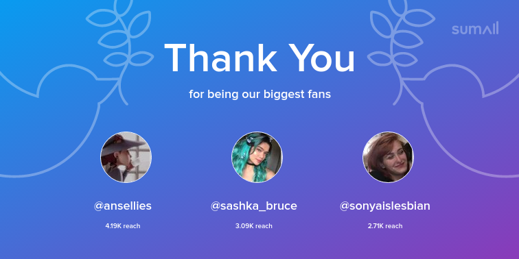 markgeev's tweet image. Our biggest fans this week: ansellies, sashka_bruce, sonyaislesbian. Thank you! via sumall.com/thankyou?utm_s…