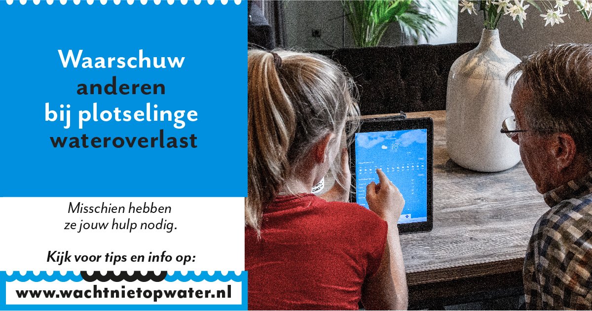 In geval van plotselinge #wateroverlast door hevige #regenval kunnen Limburgse gemeenten hun inwoners voortaan ondersteunen met praktische tips. Deze nieuwe ‘Wacht niet op water’ campagne hebben we ontwikkeld i.s.m. <a href="/WLomgeving/">Waterschap Limburg</a> en <a href="/VRZuidLimburg/">Veiligheidsregio Zuid-Limburg</a>: bit.ly/2N7M8TV
