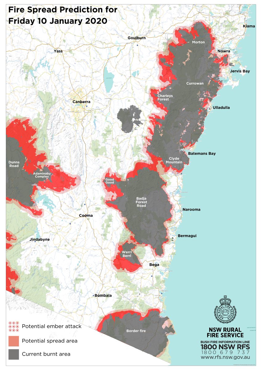 Fire Spread Prediction for Fri 10 Jan 2020 - Southern Coast. Severe to Extreme fire danger is forecast for parts of NSW tomorrow, including southern areas of the state. These conditions will make fire behaviour erratic and dangerous. #nswrfs #nswfires