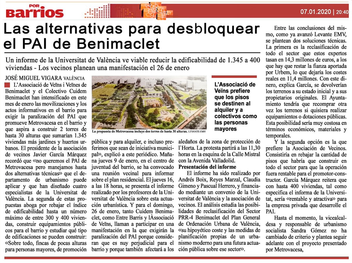 L'Associació Veïnal de Benimaclet rebutja de ple el projecte urbanístic presentat per Metrovacesa per al PAI de Benimaclet