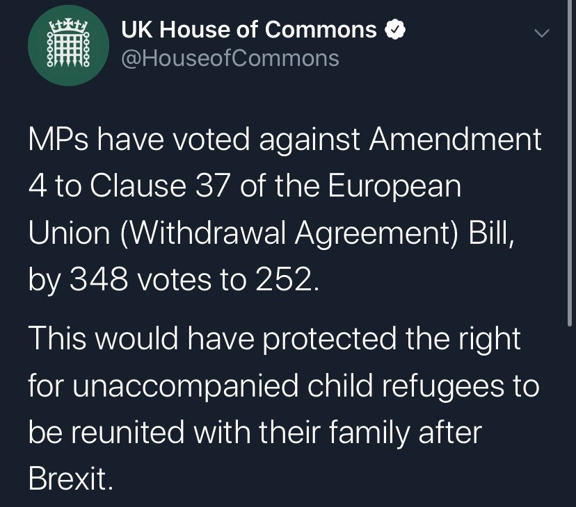 LauraPidcock's tweet photo. Not a single member of the Tory Party voted for this amendment, which would have allowed unaccompanied refugee children to be reunited with their families after Brexit. A moral test that they failed - monstrous behaviour rooted in their callous, hard right dogma. Shame on them. https://t.co/Z9gm1Qdm5G