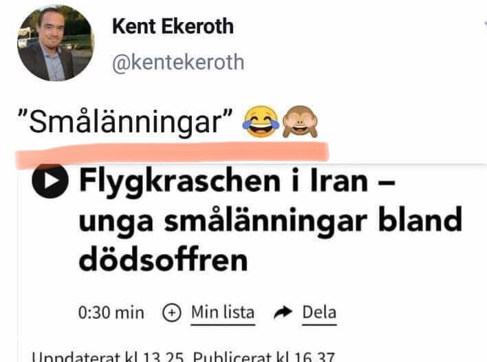 AsaLindhagen's tweet photo. Efter den fruktansvärda flygolyckan i Iran visar sig en rasism som får hjärtat att gå sönder. Hånen mot de svenskar som omkommit är avhumanisering i dess tydligaste form. Avskyvärt! https://t.co/F9XPi12HZH