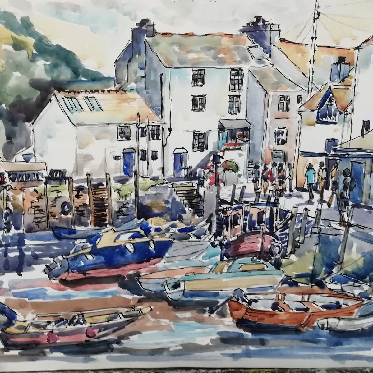 joanbradley's tweet photo. Sketch, watercolour of #Polperro done on holiday in #cornwall will ring back lovely memories by painting in oils https://t.co/J6YAOTZvkK