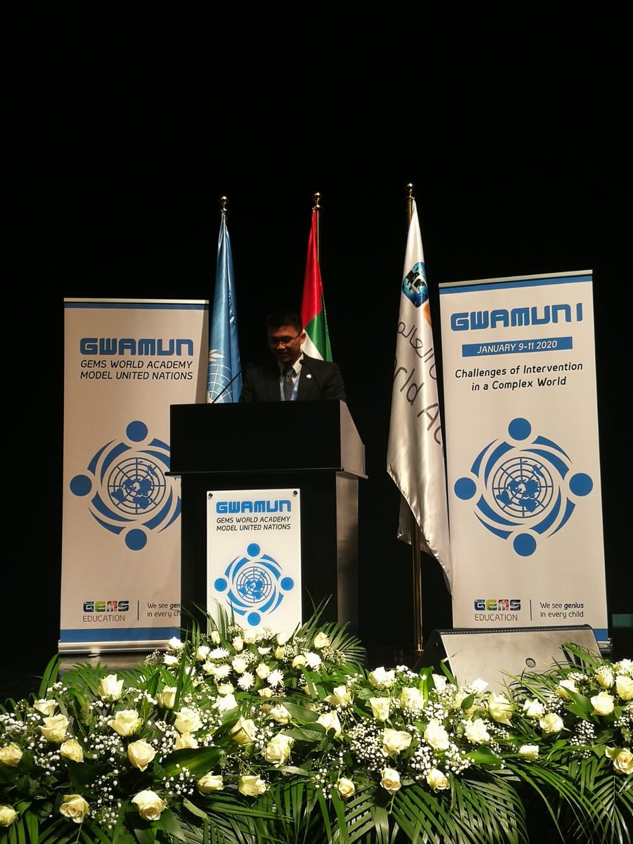 bankimoon_org's tweet photo. The #GEMS World Academy Model @UN (#GWAMUN) under the theme of "Challenges of Intervention in a Complex World" kicked off today in Dubai!
BKMC Co-chair Ban Ki-moon, Madam Yoo Soon-taek, and CEO Monika Froehler are attending the opening ceremony.
#GEMSEducation #GEMSGenius https://t.co/USqkQEcRO4