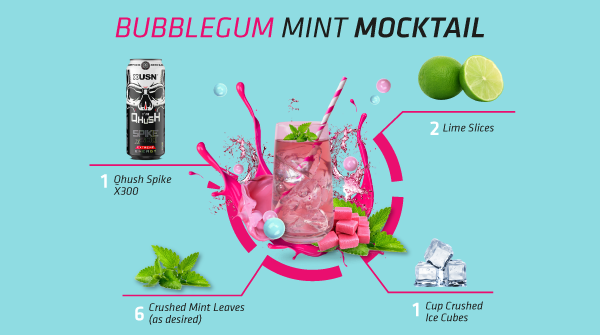 QHUSH Bubblegum Mint Mocktail
METHOD:
1. Cut one lime up into 4 wedges and squeeze into a glass.
2. Add some mint leaves. Use a muddler to press the ingredients
3. Crush ice
4. Add all the above, pour your Qhush Spike X300 Bubblegum Flavour drink into the glass, stir &amp; enjoy!