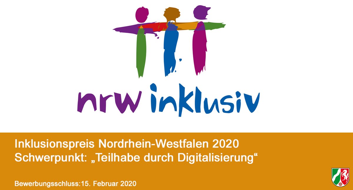 #Inklusionspreis #NRW 2020: Jetzt bewerben!
Schwerpunktthema: "#Teilhabe durch #Digialisierung" 

Alle Infos zur Ausschreibung und Bewerbung hier: mags.nrw/inklusionspreis