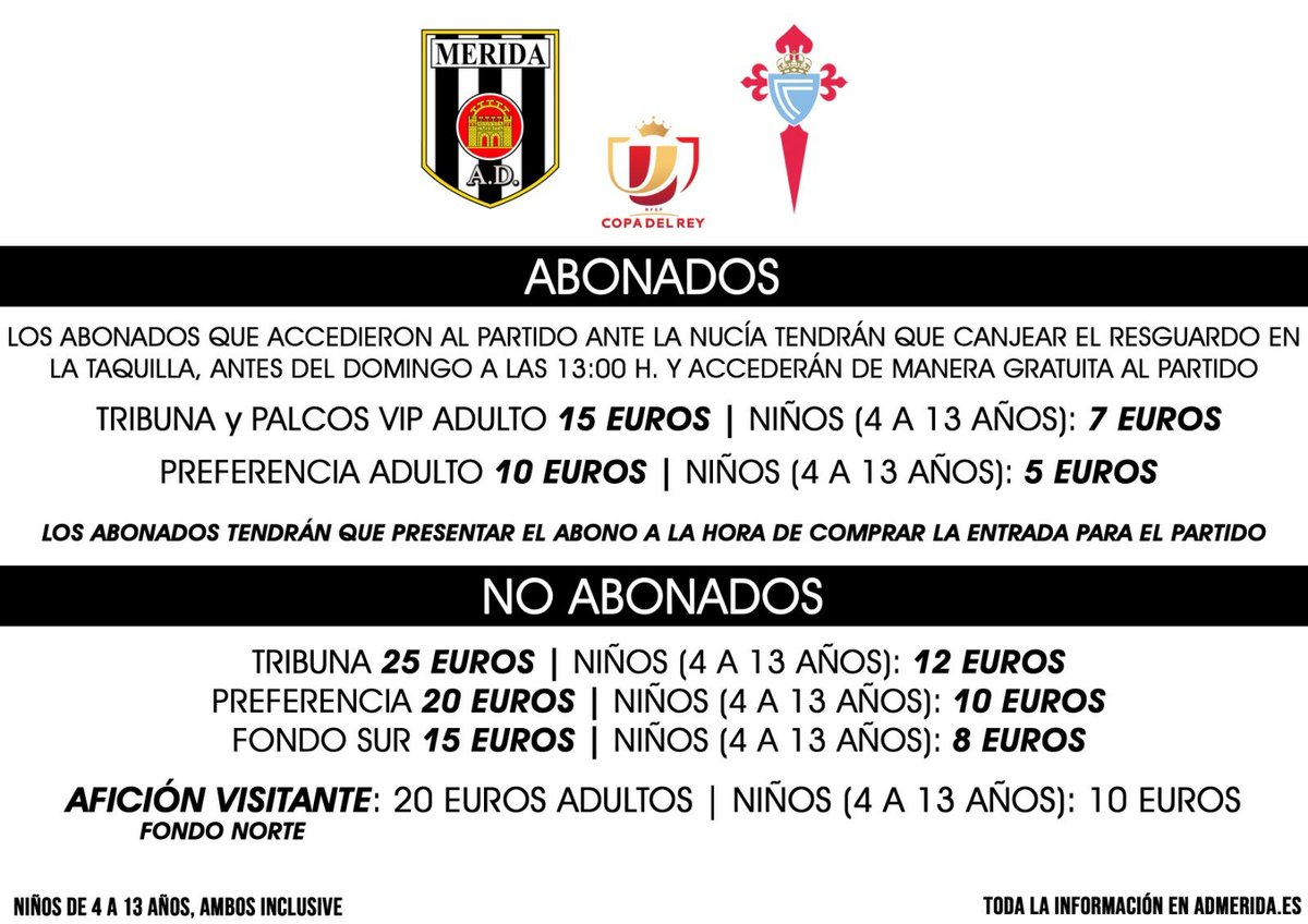 Merida_AD's tweet photo. 📣 La historia y Vigo vuelven a cruzarse en nuestro camino

⚽ @Merida_AD 🆚 @RCCelta 

📅 Domingo, 12 de enero

⏰ 16:00 horas

🏟️ Estadio Romano

🏆 #CopaDelRey 

💻 Toda la información en https://t.co/oVfzz5akdL https://t.co/l6wKmQJ1dW